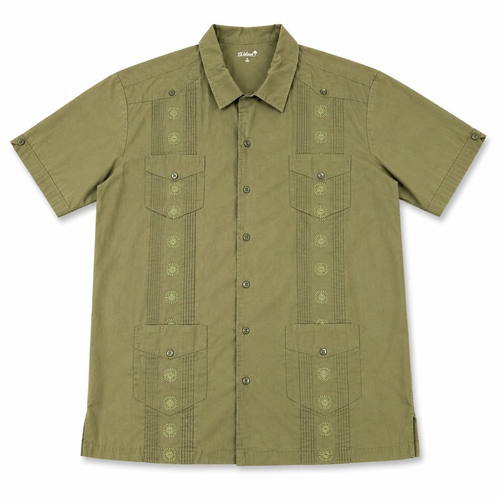 KS Island Guayabera Shirt Mens 2XL Tall Olive Green Embroidered Cuban Camp Shirt
